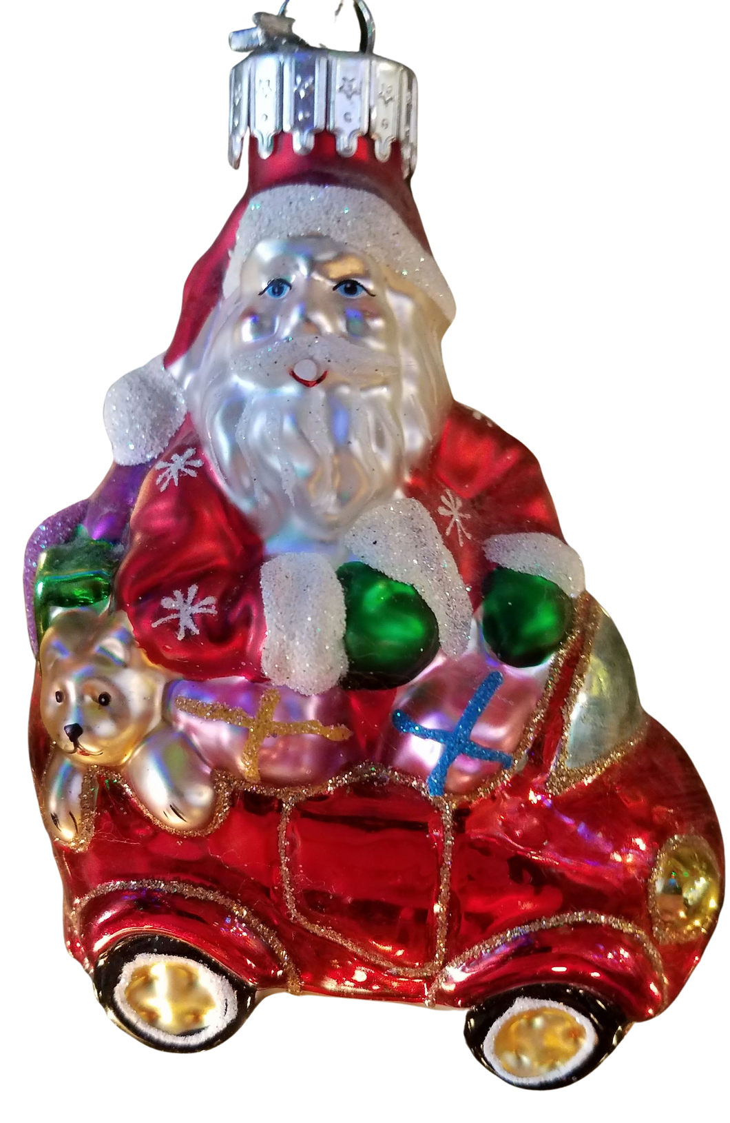 Glass Santa in a red car with presents 5 inches