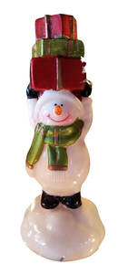 Ceramic snowman with red & green presents on head 5"