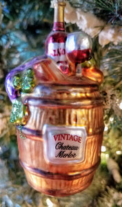 Glass wine barrel ornament chateau merlot- vintage 4"