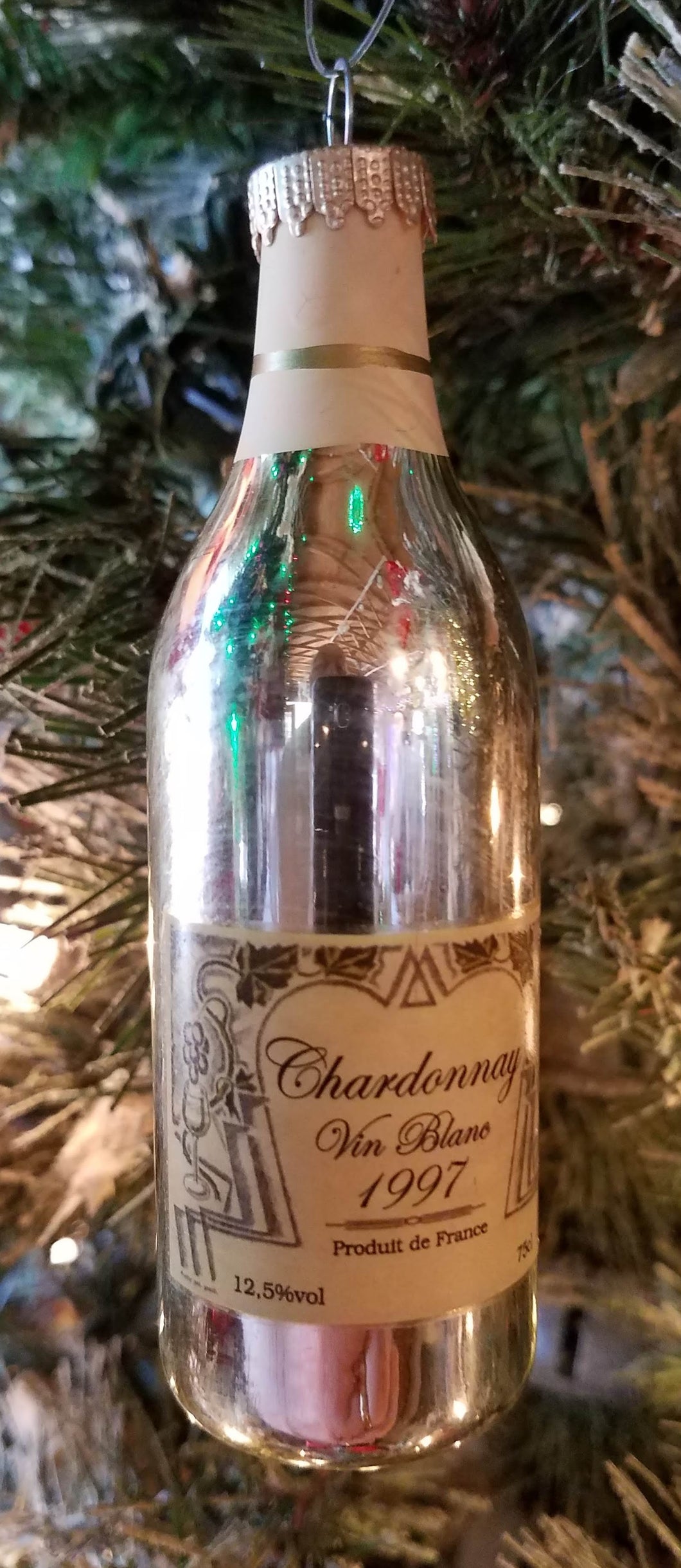 Glass chardonnay wine bottle ornament 4.5