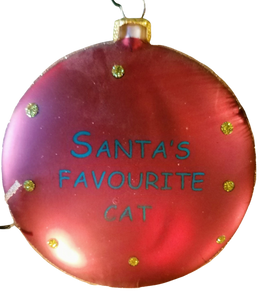 Glass disc ornament with cat- Santa's favorite cat 4"