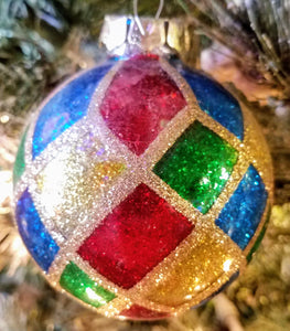 Multi color geometric design ornament with glitter - shatterproof 3"