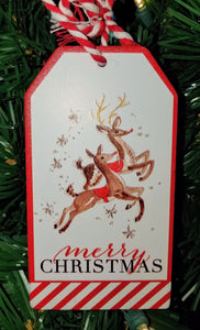 Wooden - merry christmas - ornament w 2 reindeer 5"