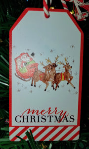 Wooden - merry christmas - ornament w santa/reindeer/sleigh 5"