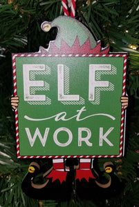 Wooden sign ornament elf at work 6"