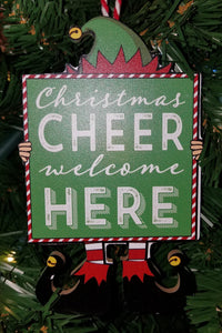 Wooden sign ornament christmas cheer welcome here 6"