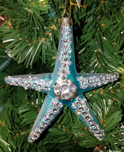 Glass star fish ornament - blue w glitter 5.5"
