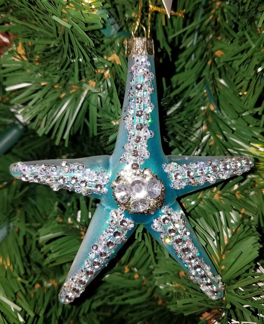 Glass star fish ornament - blue w glitter 5.5