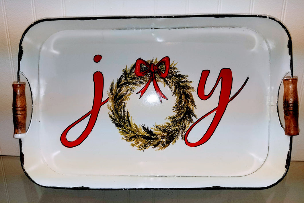 Metal serving tray w joy/wreath 10