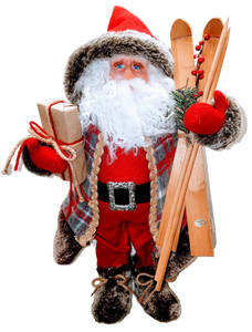 Santa figure w skis/present - plaid coat/brown boots 18"