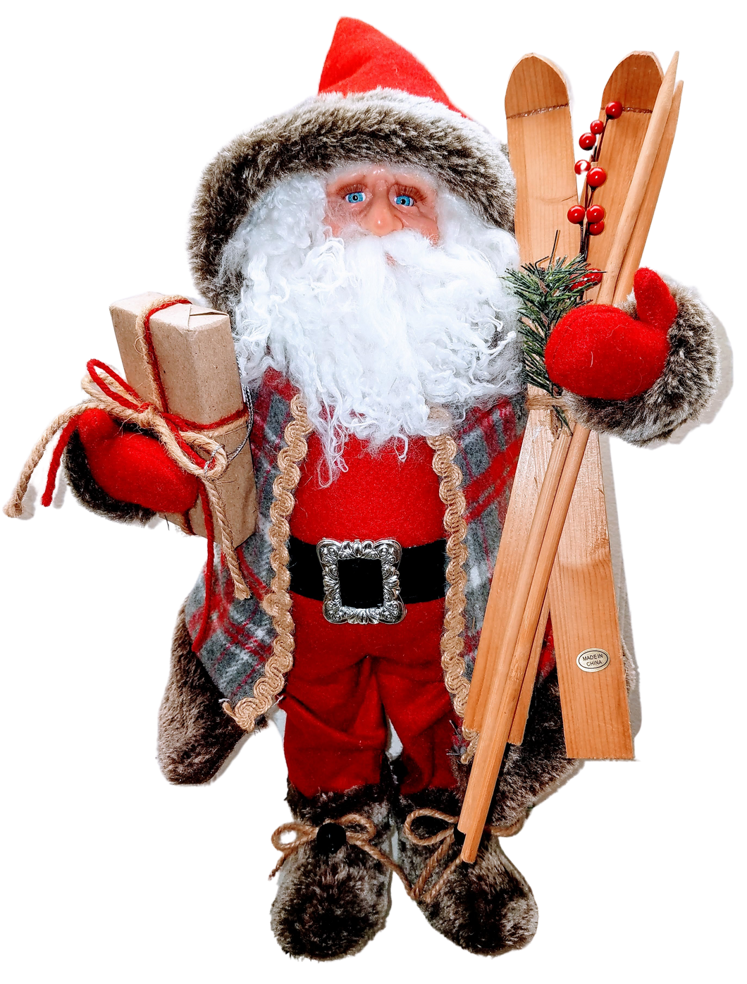 Santa figure w skis/present - plaid coat/brown boots 18