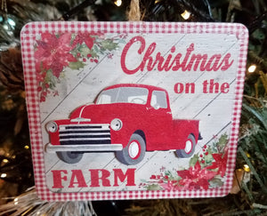 Wooden square ornament - christmas on the farm 4" 4"