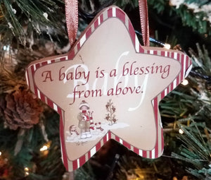 Wooden star ornament - a baby is a blessing from above - 3" x 3"