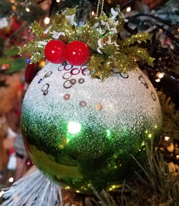 Glass green ornament with snow & berries & holly 4"