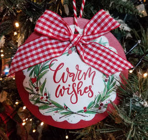 Wooden - warm wishes ornament w bow 5.5"