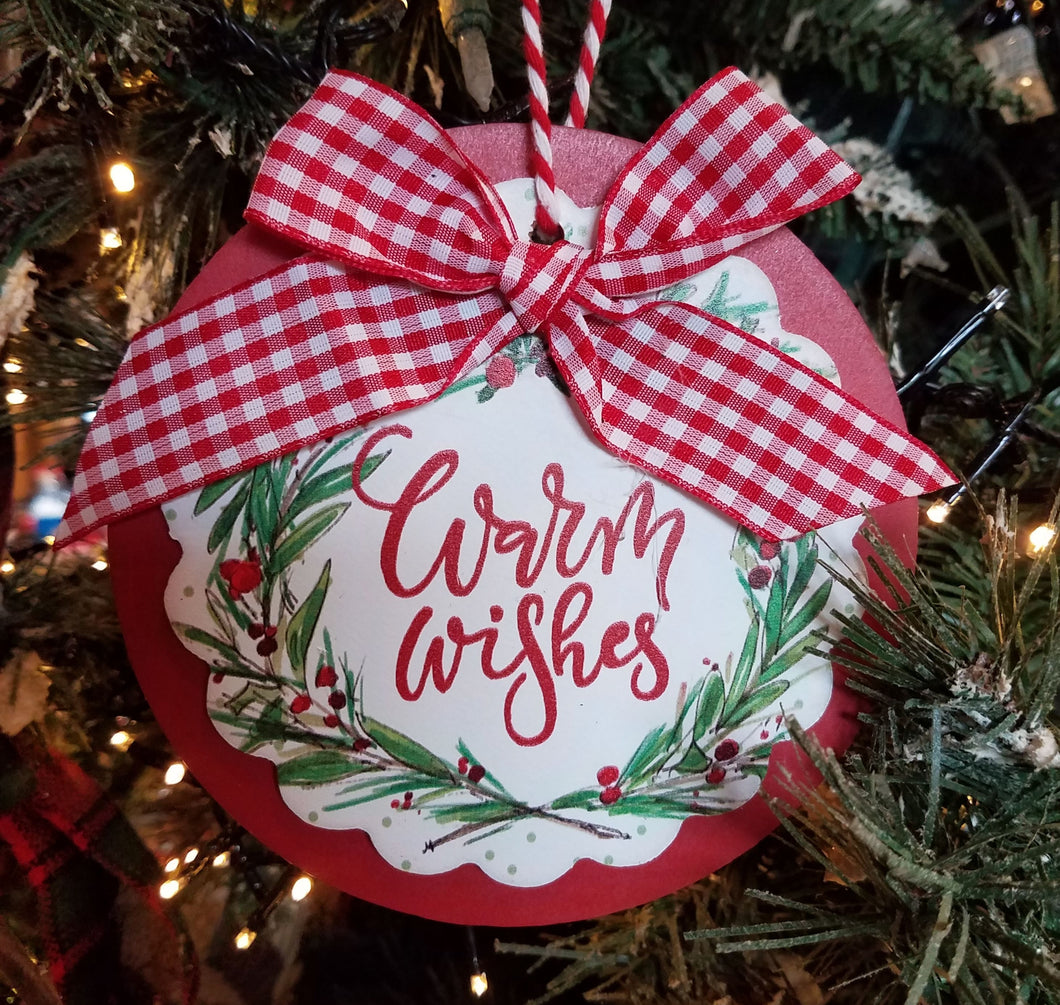 Wooden - warm wishes ornament w bow 5.5