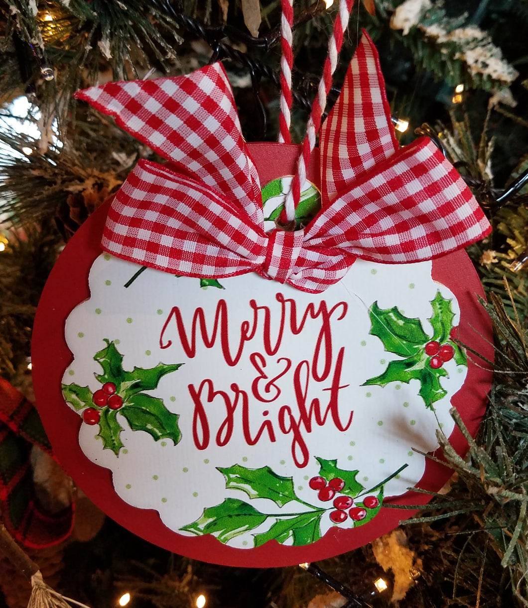 Wooden - merry/bright ornament w holly 5.5