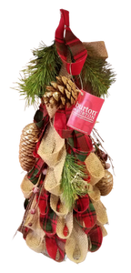 Burlap tree with pine cones & red/black ribbon 16"x18"