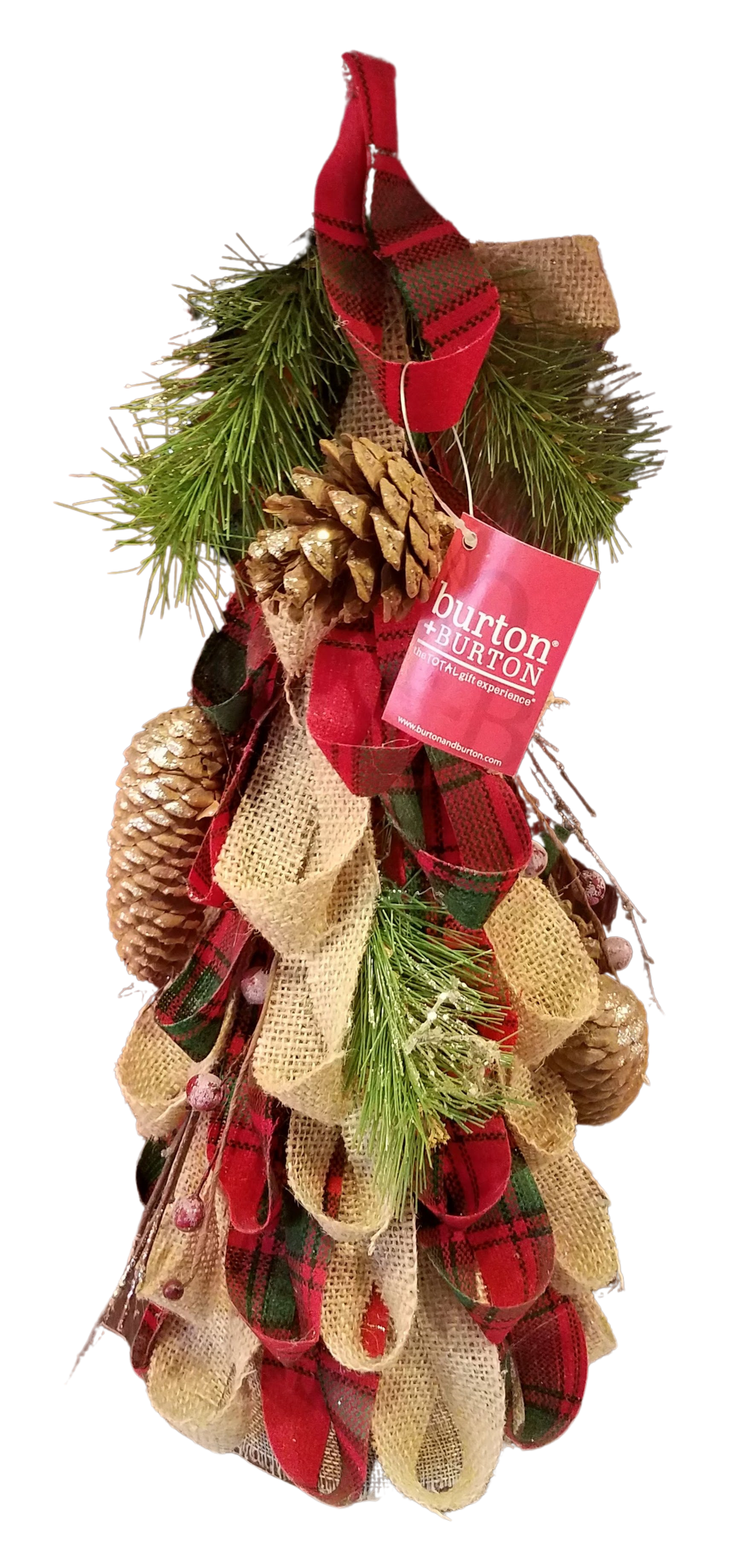 Burlap tree with pine cones & red/black ribbon 16