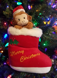 Plush red boot w monkey - merry christmas 8" x 13"