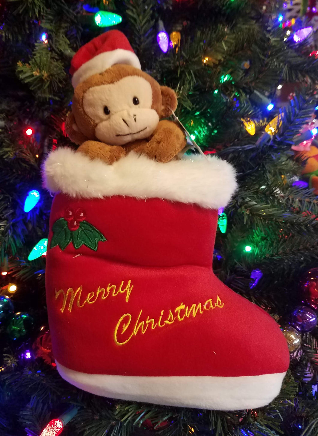 Plush red boot w monkey - merry christmas 8