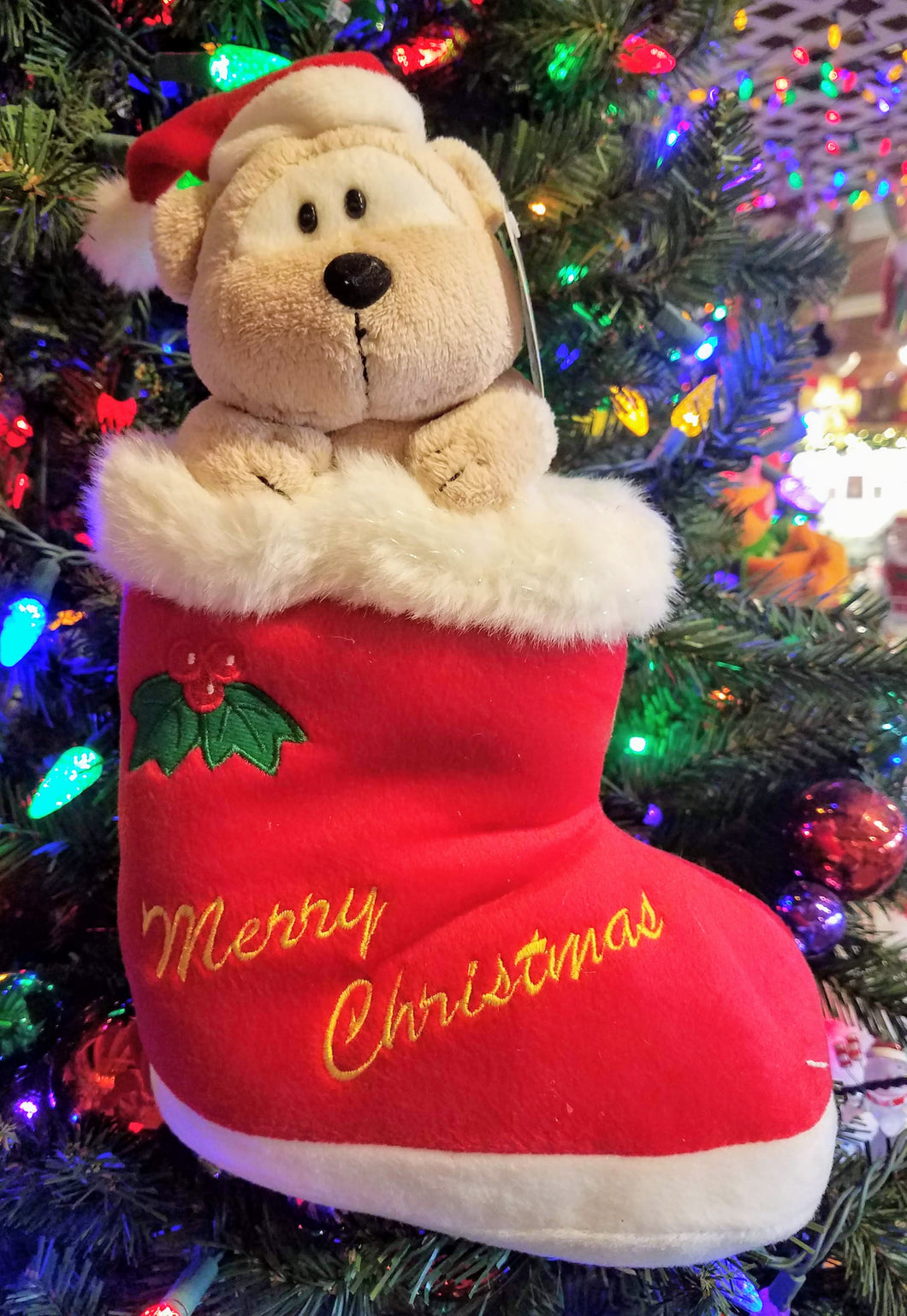 Plush red boot with bear - Merry Christmas