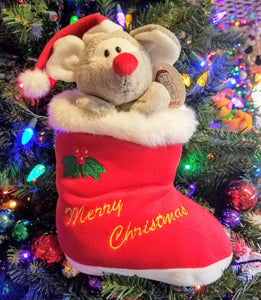 Plush red boot w mouse - merry christmas 8" x 13"