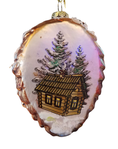 Glass pine cone ornament with log cabin & trees 5"