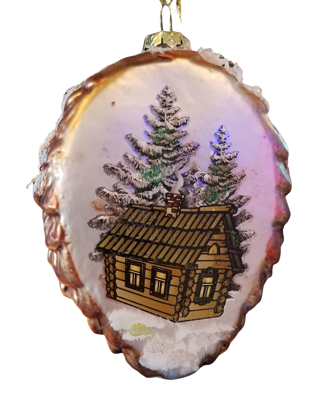 Glass pine cone ornament with log cabin & trees 5