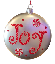 Load image into Gallery viewer, Glass silver ornament with red candies &amp; Joy- double sided 4&quot;
