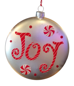 Glass silver ornament with red candies & Joy- double sided 4"