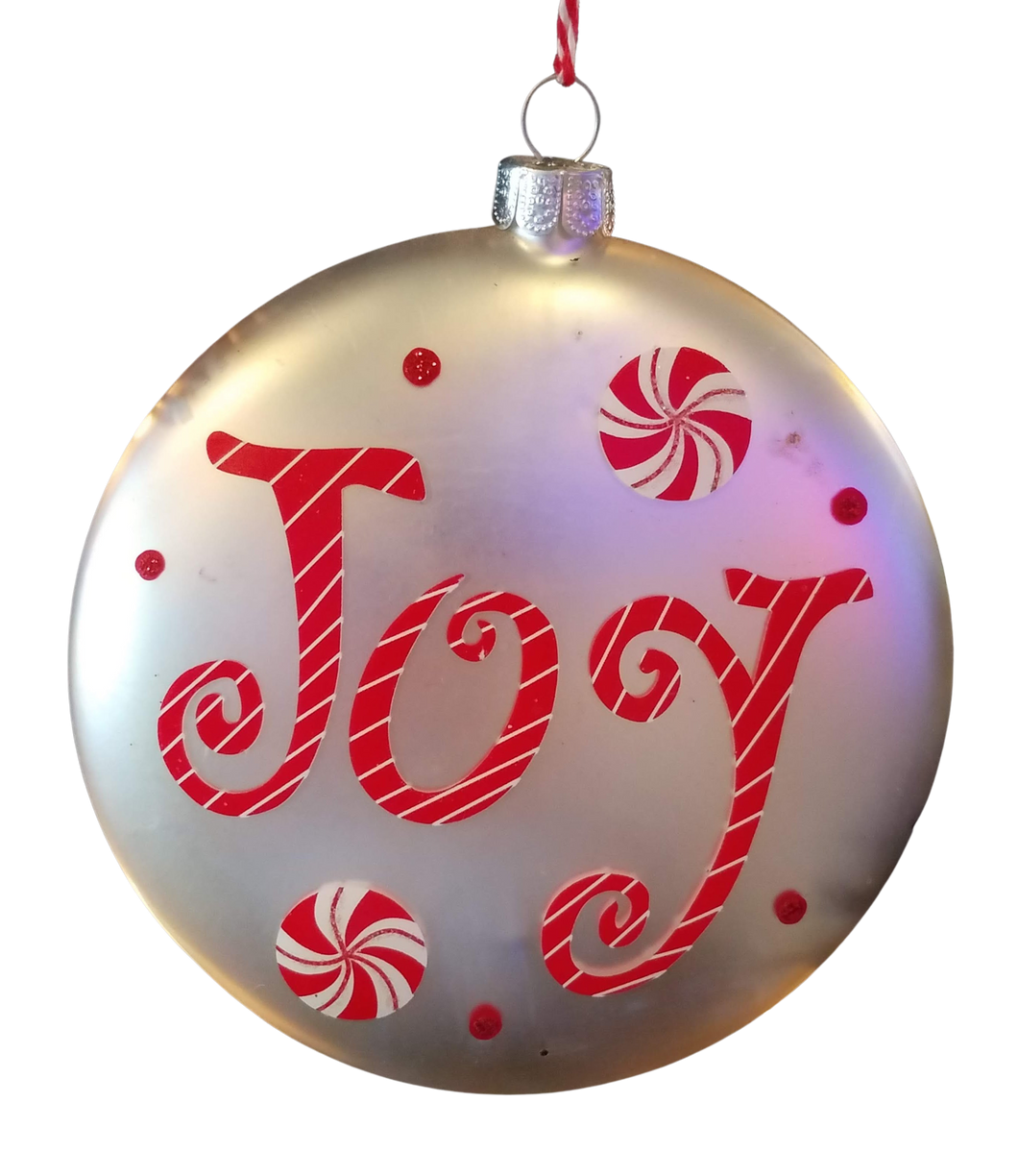 Glass silver ornament with red candies & Joy- double sided 4