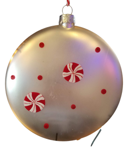 Glass silver ornament with red candies & Joy- double sided 4"