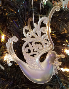 Acrylic silver dove ornament with glitter