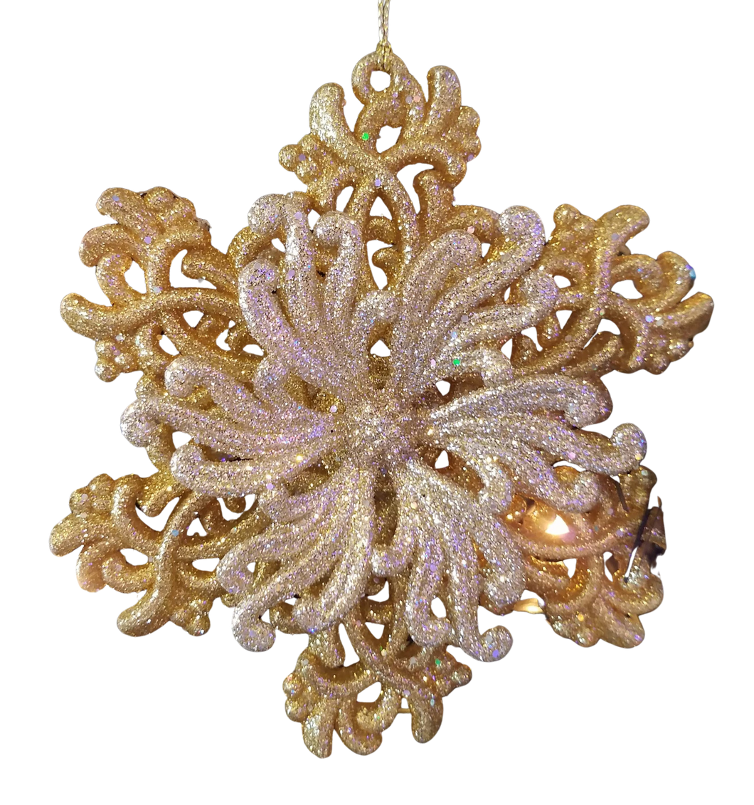 Gold snowflake ornament with glitteracrylic 4.5" THE CHRISTMAS RANCH