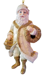 Gold/white Santa with gold wreath/basket resin 5"