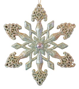 Green/Gold Snowflake Ornament with Design & Crystal Gem Glitter 5" Resin