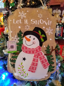 Let it snow burlap wall decor w snowman/trees lights up 19"