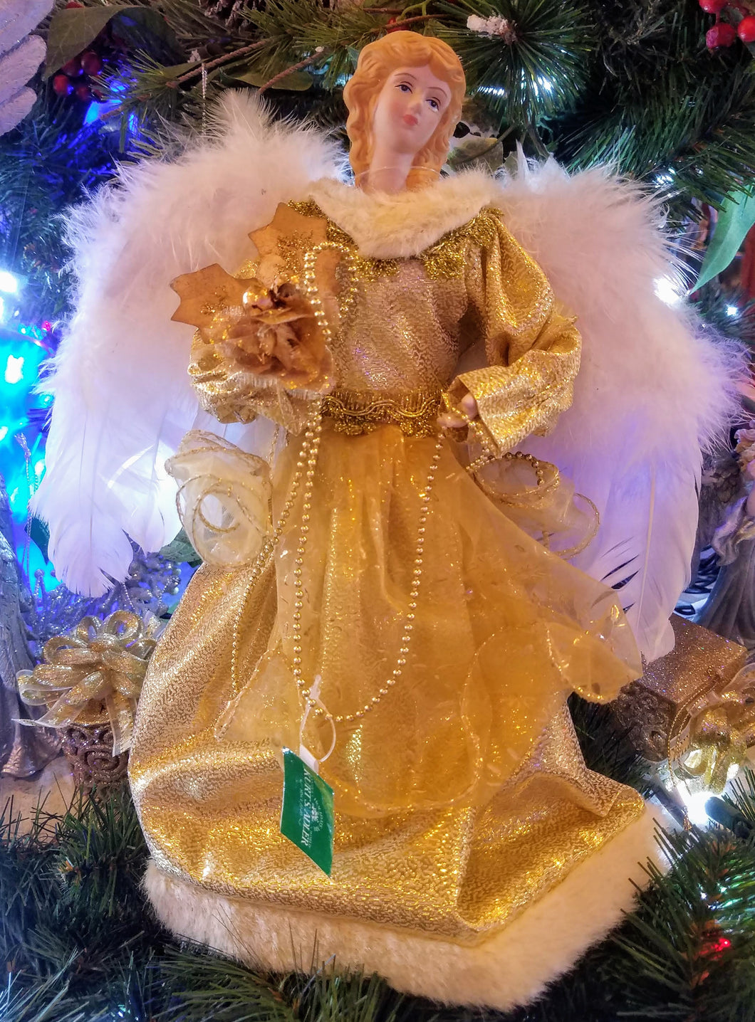 Gold angel tree topper with white wings 13