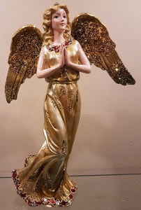 Gold angle figurine with red gems/folded hands- resin 12"