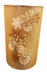 Glass gold candle holder with snowflakes 6"