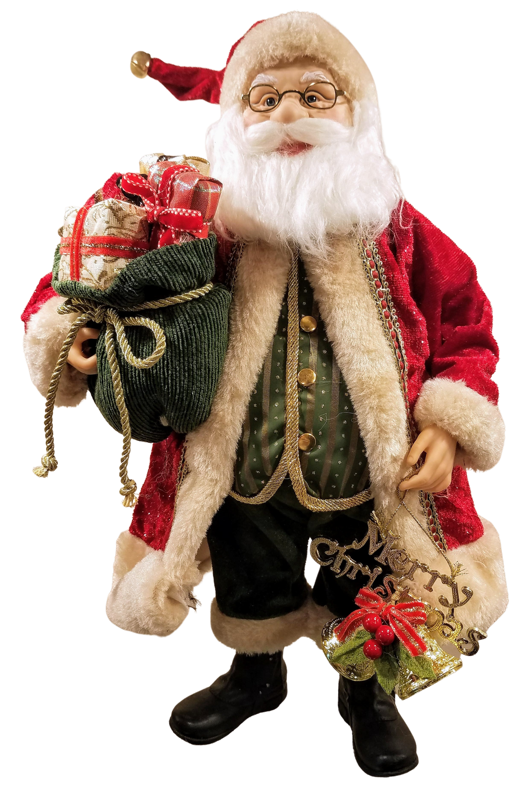 Santa figure holding bells/Merry Christmas/sack of presents 24