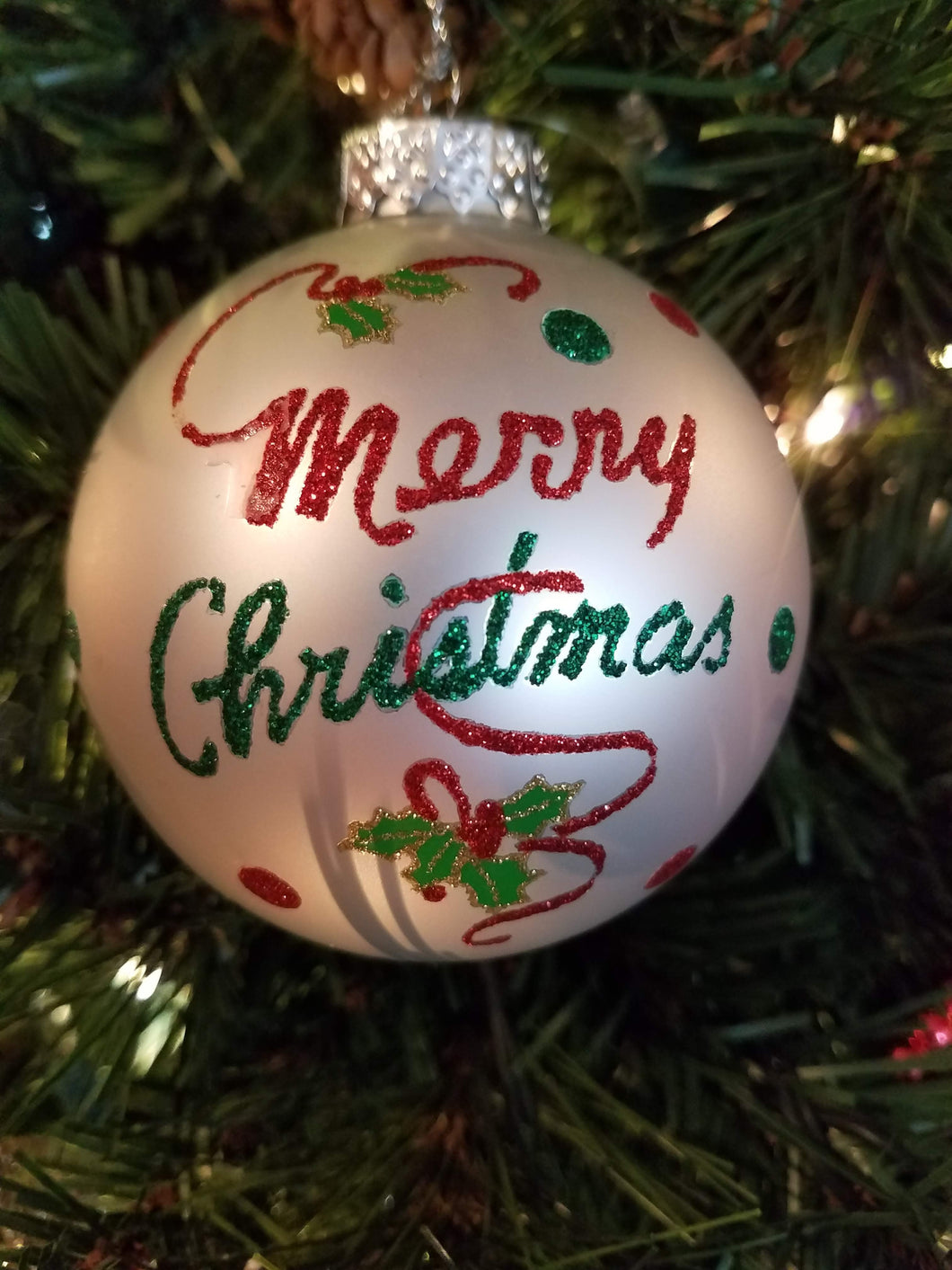 Glass red/silver/green Merry Christmas ornament 3