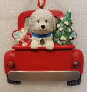 Bichon Frise Dog in The Back Of Red Pick Up Truck Ornament with Christmas Tree & Presents 3"x3"