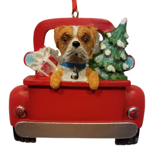 Boxer Dog in The Back Of Red Pick Up Truck Ornament with Christmas Tree & Presents 3"x3"