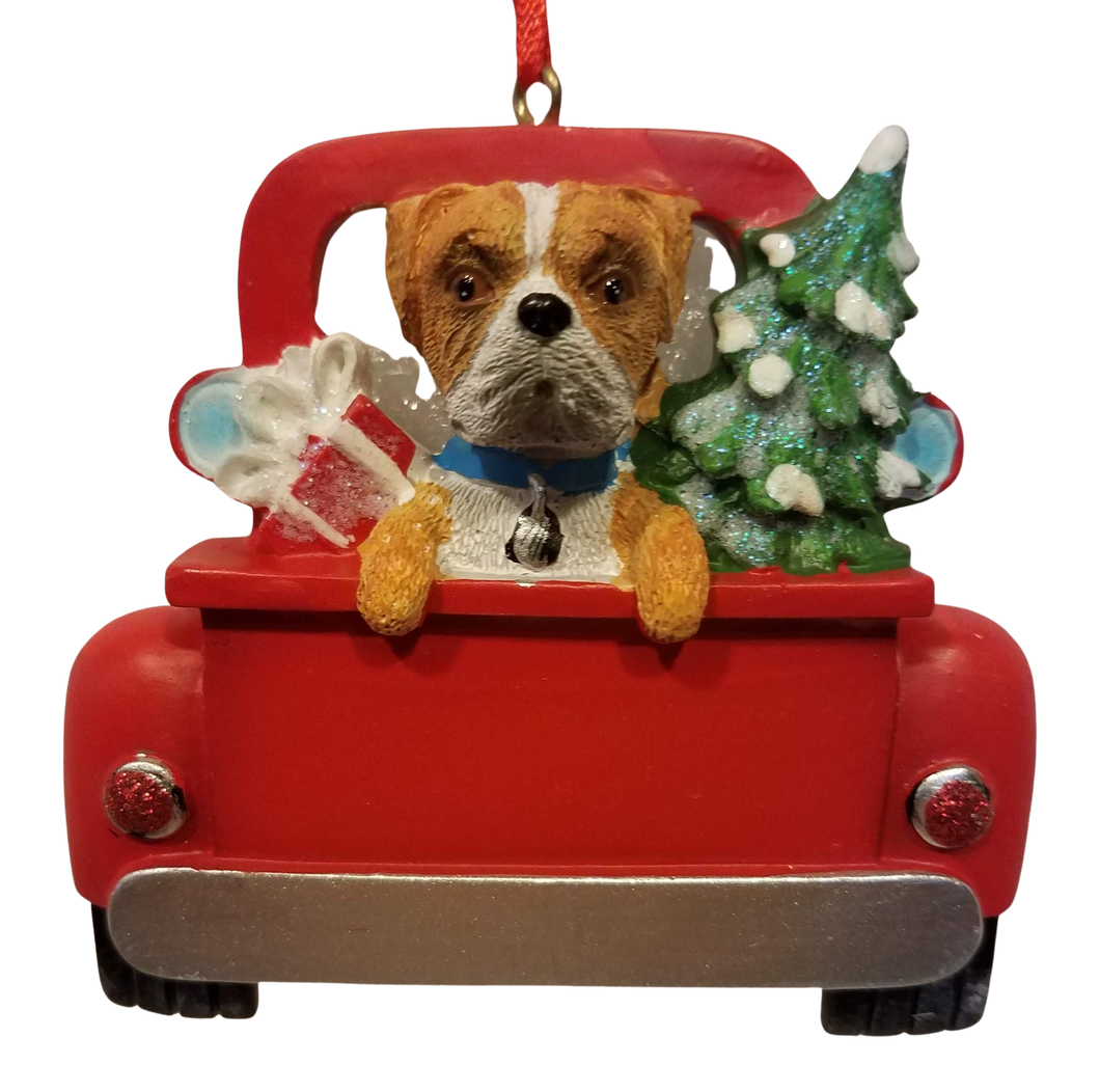 Boxer Dog in The Back Of Red Pick Up Truck Ornament with Christmas Tree & Presents 3