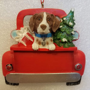 German Shorthaired Pointer Dog in The Back Of Red Pick Up Truck Ornament with Christmas Tree & Presents 3"x3"