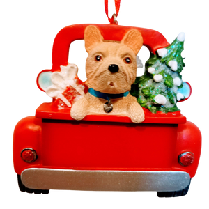 French Bulldog Dog in The Back Of Red Pick Up Truck Ornament with Christmas Tree & Presents 3"x3"