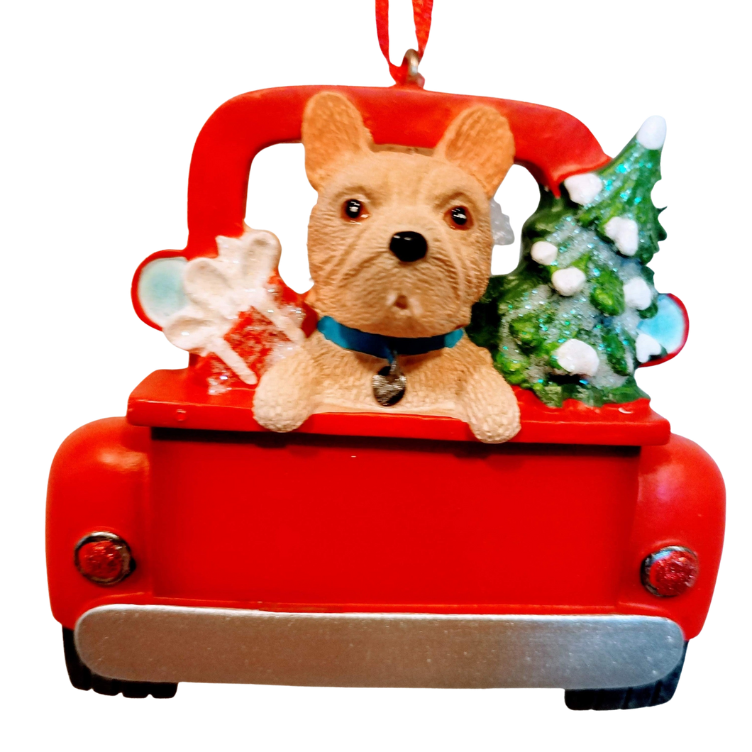 French Bulldog Dog in The Back Of Red Pick Up Truck Ornament with Christmas Tree & Presents 3