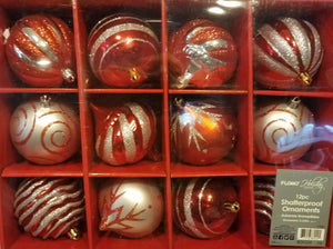 Twelve Shatterproof Ornaments-Box Set- Red/Silver 3"
